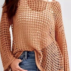 POL Oversized Beachy Boho Open Crochet Peachy/Rose Color Scoop Neck sz L Slouchy